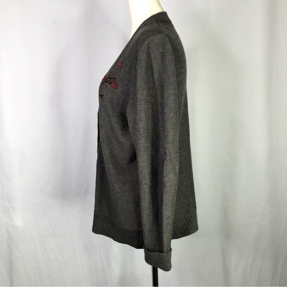 Eddie Bauer embroidered v-neck cardigan grey cotton blend berries beaded XL - Picture 5 of 8